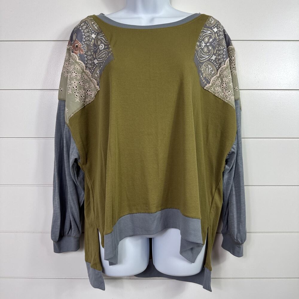 Free People We The Free Feelin It Tee Shirt Paisley Patchwork Army Green sz S